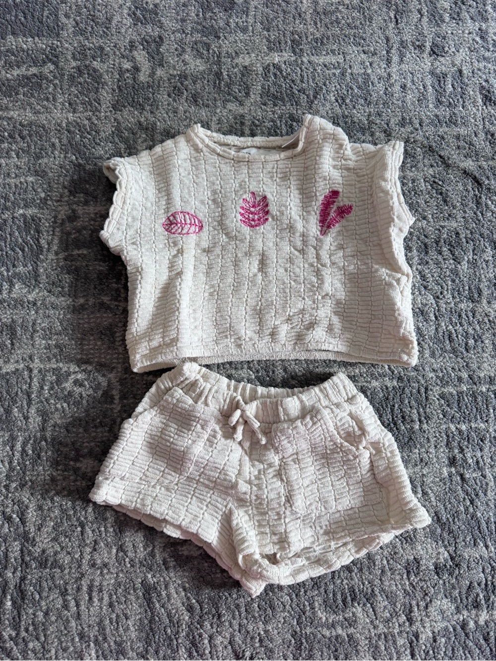 Zara Cream Knit Girls Matching Set with Pink Leaf Embroidery